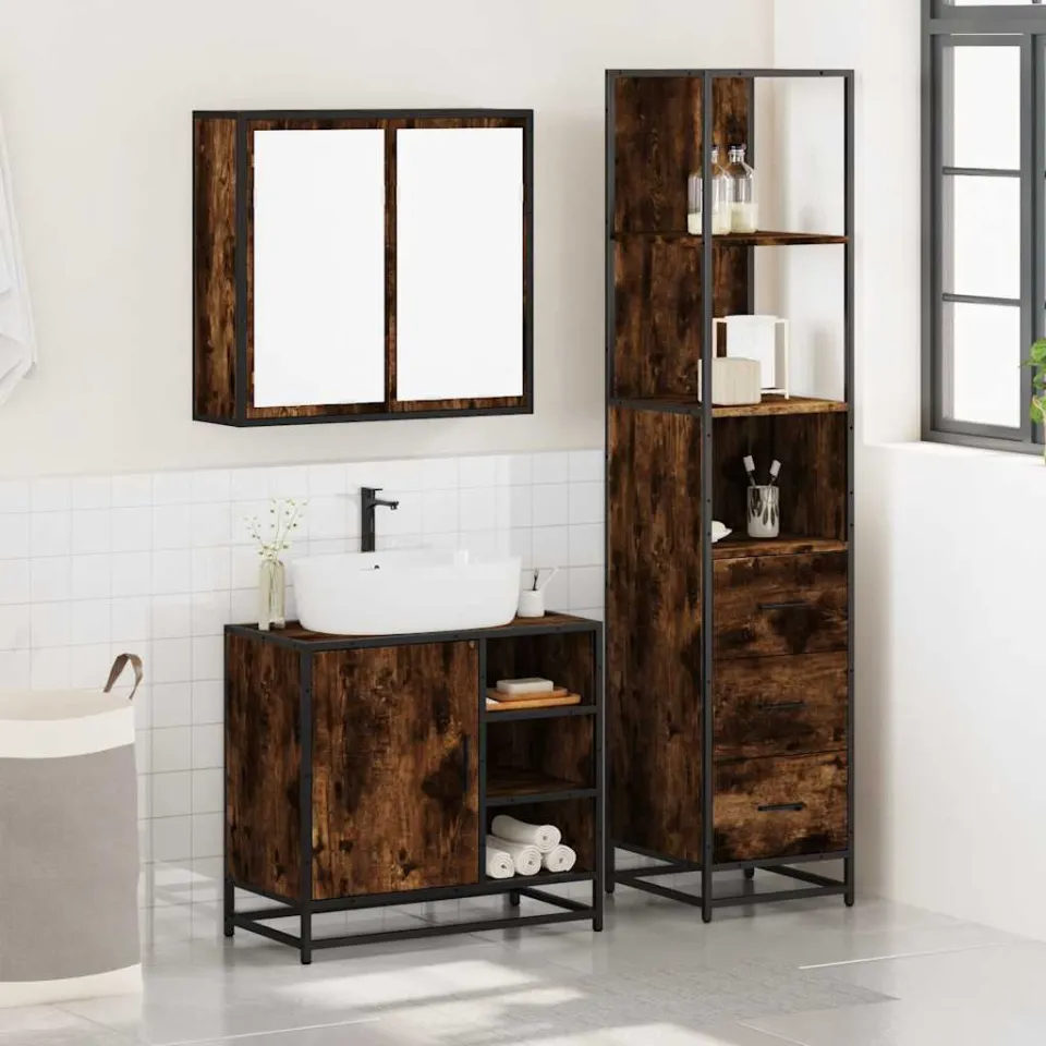 vidaXL 3-delige Badkamermeubelset bewerkt hout gerookt eikenkleurig, foto 2