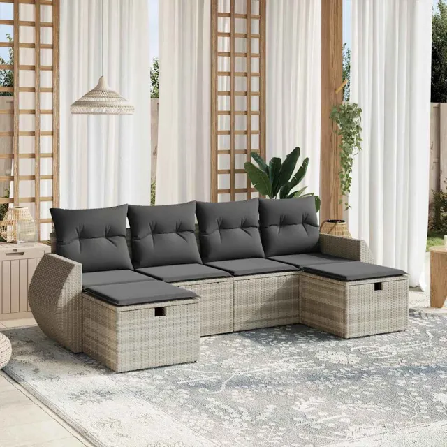 vidaXL 6-delige Loungeset met kussens poly rattan lichtgrijs grijs, foto 2