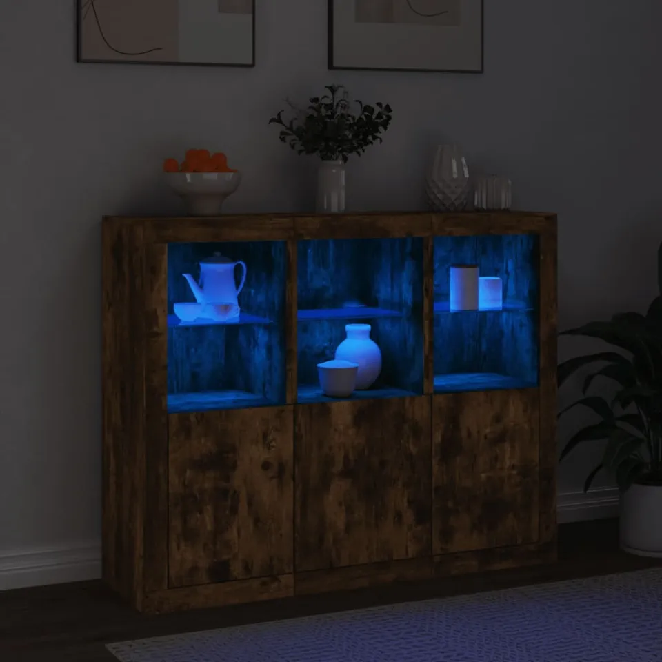 vidaXL Dressoirs met LED-verlichting 3 st bewerkt hout gerookt eiken, foto 3