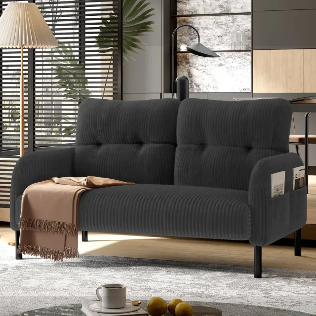 Zubaliya Corduroy tweezitsbank met hoge rugleuning en geïntegreerde zijvakken - voor woonkamer, thuiskantoor en slaapkamer - 2 personen - diverse kleuren - metalen poten - ergonomisch ontwerp Grijs