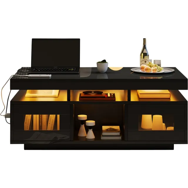Ropilly Salontafel zwart hoogglans - Moderne woonkamertafel - RGB LED verlichting - Stopcontact en USB poort - 2 kasten - Voor woonkamer - 100x50x43cm - Zwart