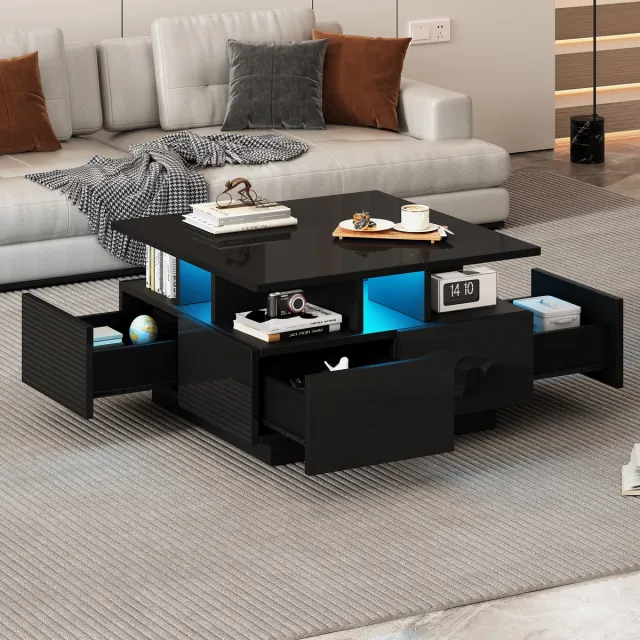 Clruro Salontafel - 70x70x40 cm - LED en 4 Laden - Hoogglans Geometrisch Design - MDF - Zwart