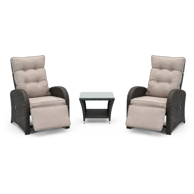 Outdoor Living Duoset Melia + beige kussen - 3 delig - verstelbare rug en voetensteun - met bijzettafeltje - comfortabele kussens - Relax duo tuinset