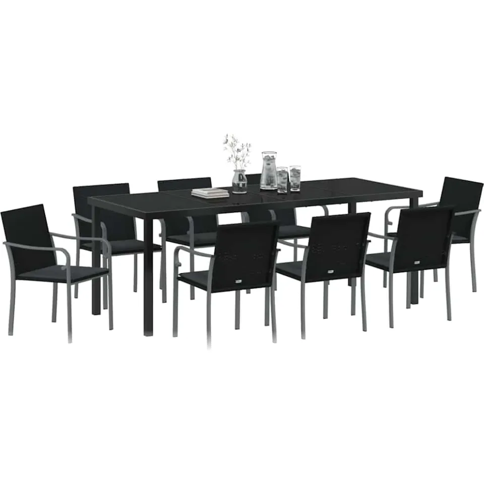 vidaXL Tuin eettafelset 9 st Zwart en Grijs PE Rattan, foto 2