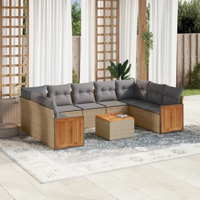 vidaXL 10-delige Loungeset met kussens poly rattan beige, foto 2