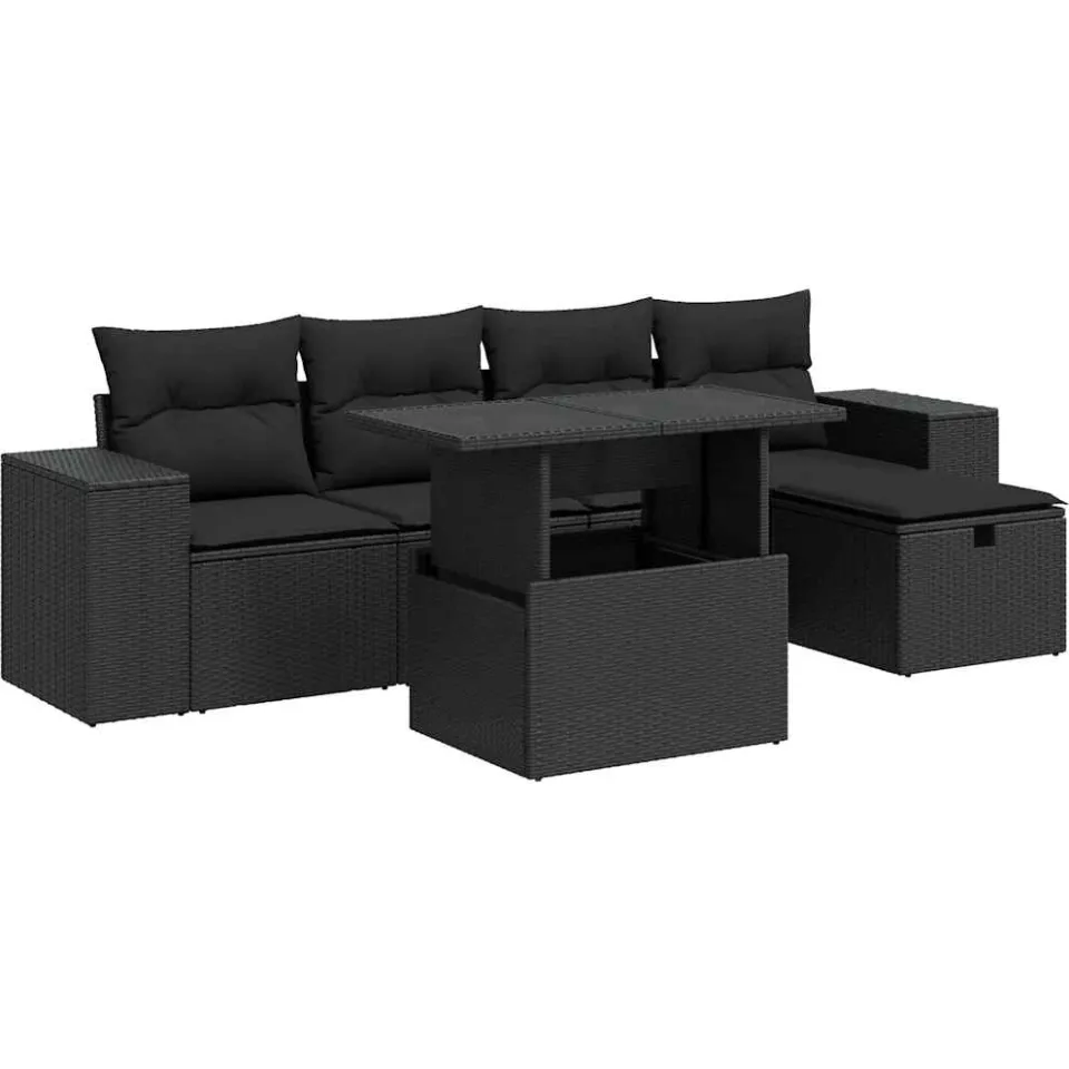 vidaXL 6-delige Loungeset met kussens poly rattan zwart, foto 3