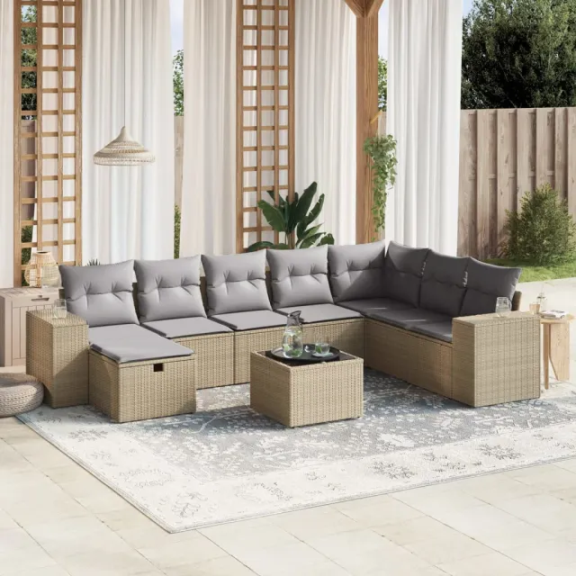 vidaXL 9-delige Loungeset met kussens poly rattan gemengd beige, foto 2