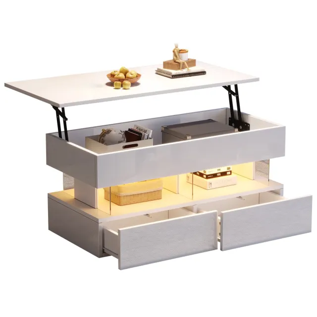 Merax Salontafel met Liftfunctie en LED – Hoogglans Witte Salontafel met Opbergruimte en 2 Lades – Moderne Koffietafel 100x50x46 cm