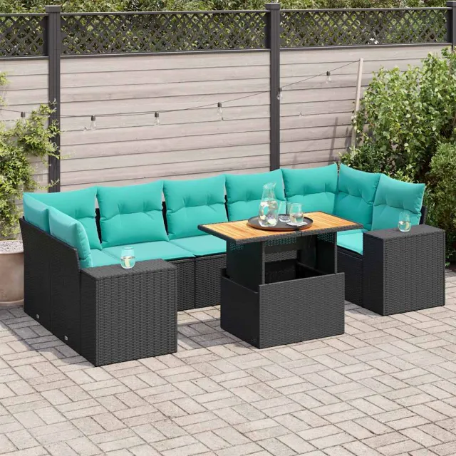vidaXL 8-delige Loungeset met kussens poly rattan zwart, foto 2