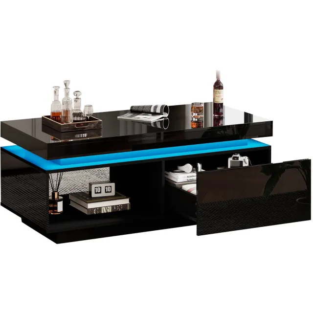 Merax Salontafel Zwart Hoogglans – 100 cm – Bijzettafel met Lade en LED Verlichting