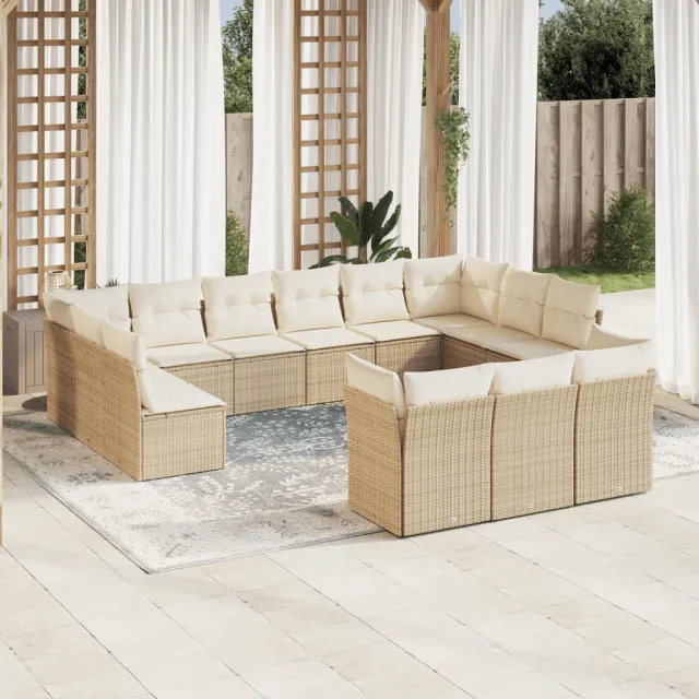 vidaXL 13-delige Loungeset met kussens poly rattan beige, foto 2