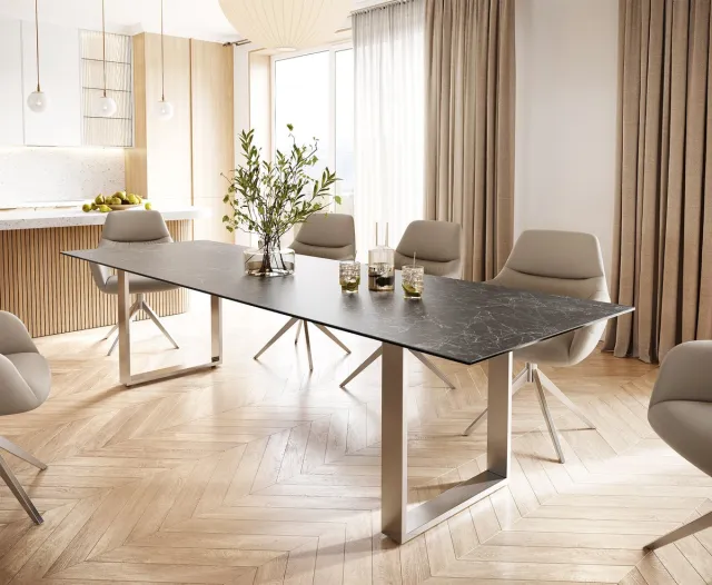DELIFE Eettafel Edge keramiek Laminam® Nero Greco grijs 300x100 roestvrij staal smal