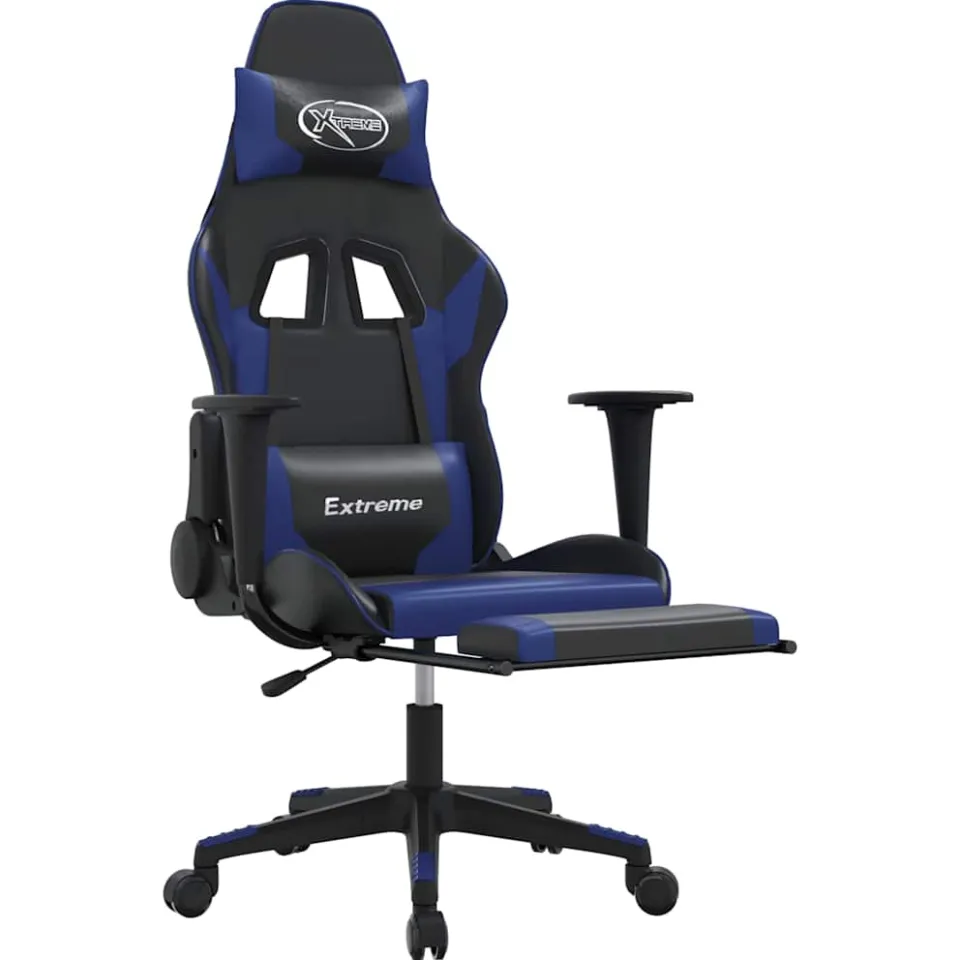 vidaXL Massage gamestoel met voetensteun kunstleer zwart en blauw