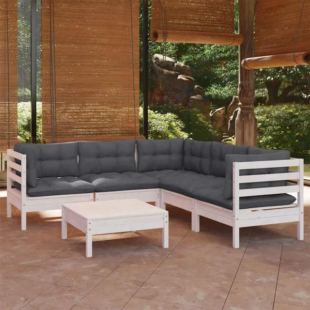 vidaXL 6-delige Loungeset met kussens massief grenenhout wit, foto 2