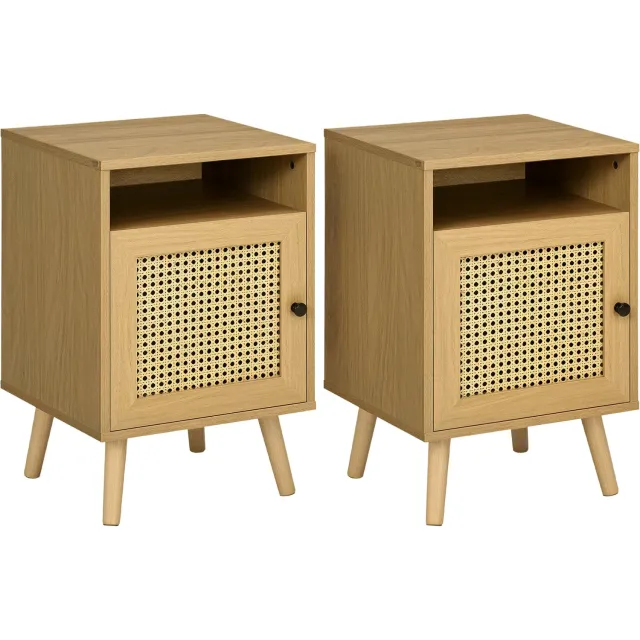 Lunpog Set van 2 Nachtkastjes met kast rieten deur en nis vintage design 39 x 35 x 60 cm naturel Bois naturel