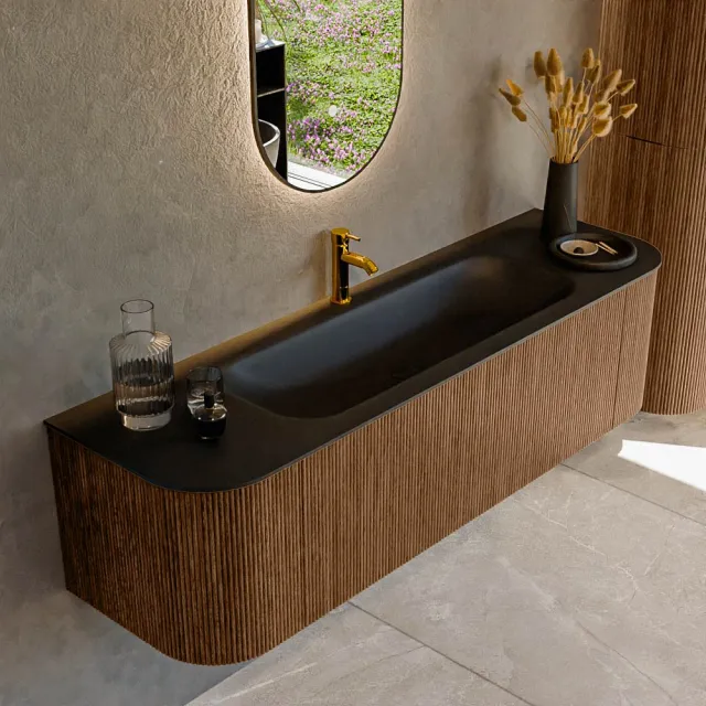 Mondiaz KURVE 160 cm Onderkast Greeploos 1 Lade Met Deuren Walnut, Wastafel Solid Surface Midden Urban 1 Kraangat Zonder Spiegel (KRVBGM160L+R1L2D1KM-Wal/Urb)