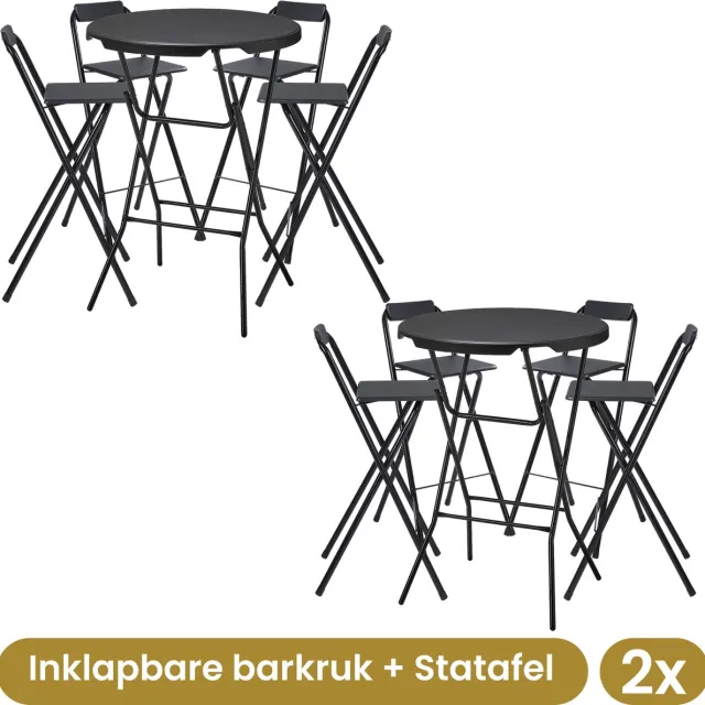 Alora 8x Alora Inklapbare barkruk + 2x Alora Statafel Zwart - Opklapbaar - Met voetsteun - Cocktailtafel - Alora - Zwart - Beurs 2x Exclusief statfelrok