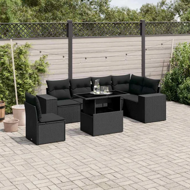 vidaXL 7-delige Loungeset met kussens poly rattan zwart, foto 2