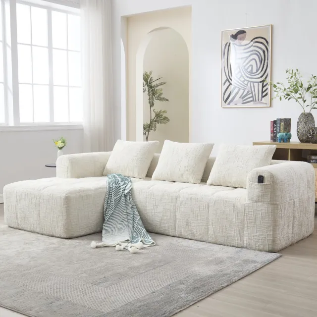 Zubaliya L-vorm bank met chaise longue en armleuningen - 3-zits chenille bank - beige kleur - zijvak voor afstandsbediening - geen montage nodig - modulair te combineren - incl. 3 kussens