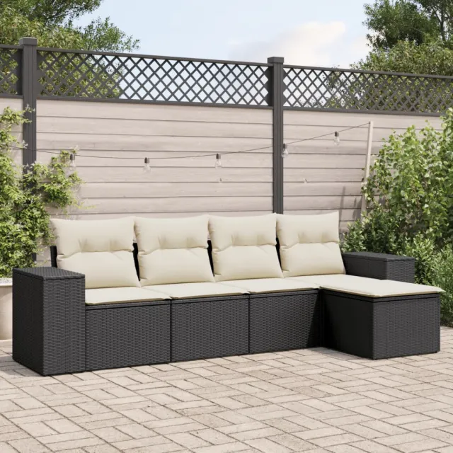 vidaXL 5-delige Loungeset met kussens poly rattan zwart, foto 2