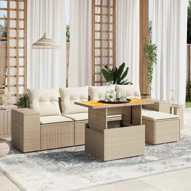 vidaXL 6-delige Loungeset met kussens poly rattan beige, foto 2