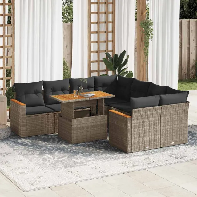 vidaXL 9-delige Loungeset met kussens poly rattan grijs, foto 2