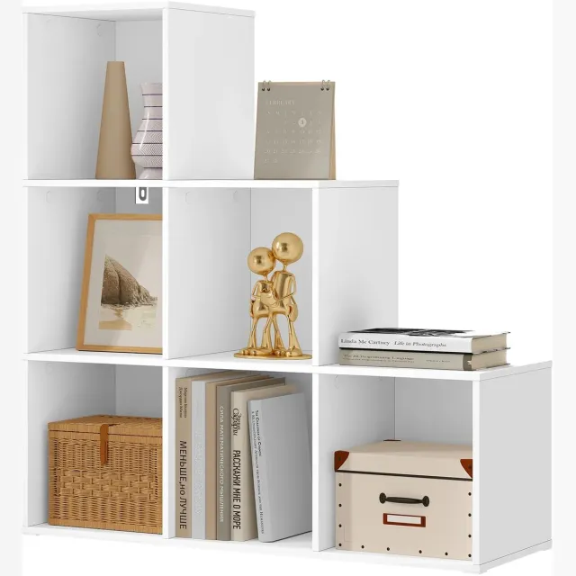 BukkitBow Moderne Trapvormige Boekenkast met 6 Open Vakkenkast - Wit
