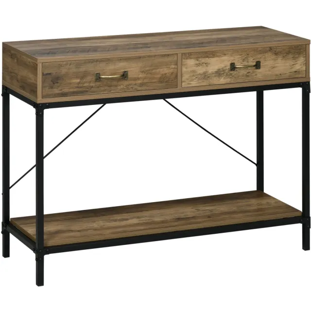 Merax Industriële Sidetable met 2 Lades en Onderplank – Vintage Bruin/Zwart – 100x35x76,5 cm – Haltafel of Console Tafel voor Woonkamer en Gang