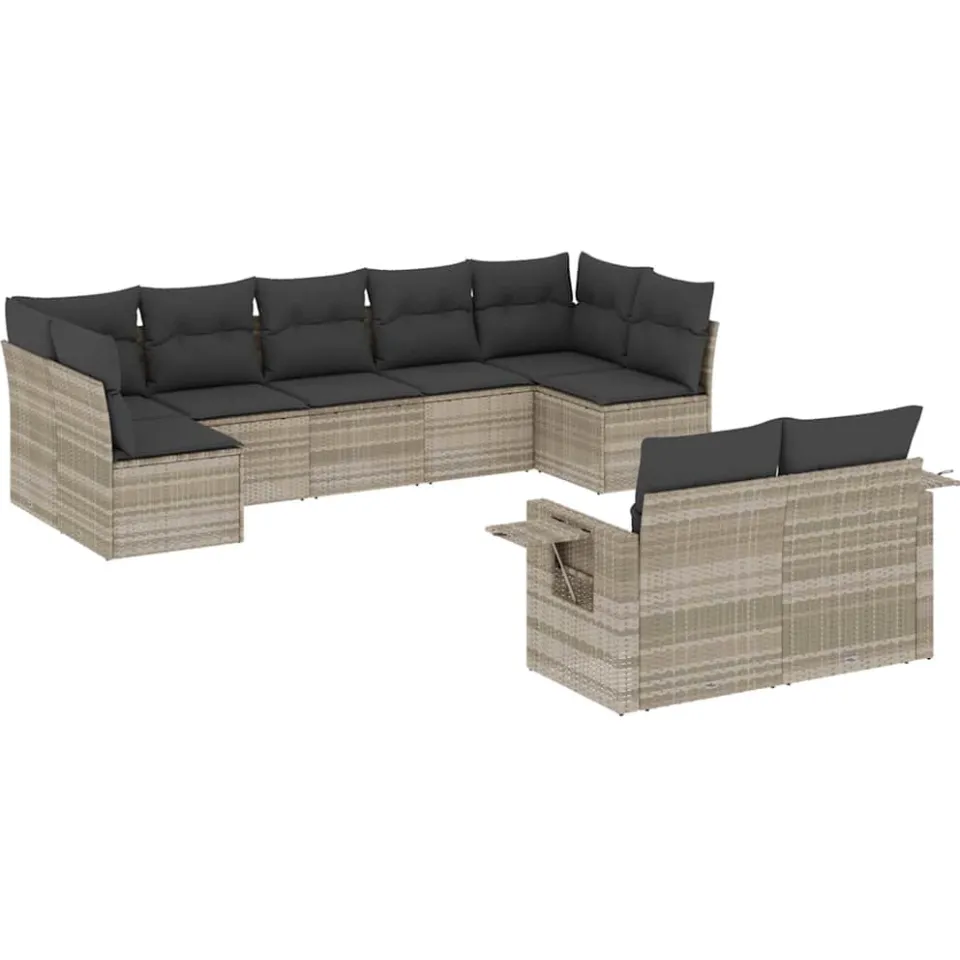 vidaXL 9-delige Loungeset met kussens poly rattan lichtgrijs
