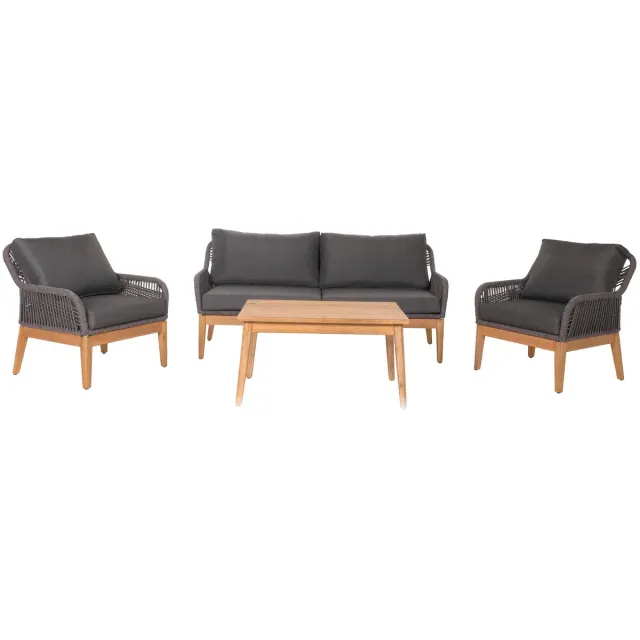MCW Tuinset MCW-H56b, loungeset tuin loungebank fauteuil tafel, rope wicker Touwhout acacia ~ donkergrijs