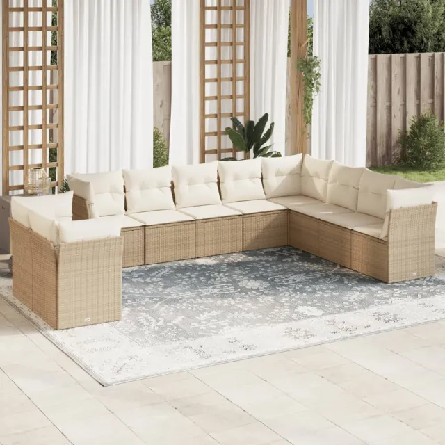 vidaXL 10-delige Loungeset met kussens poly rattan beige, foto 2