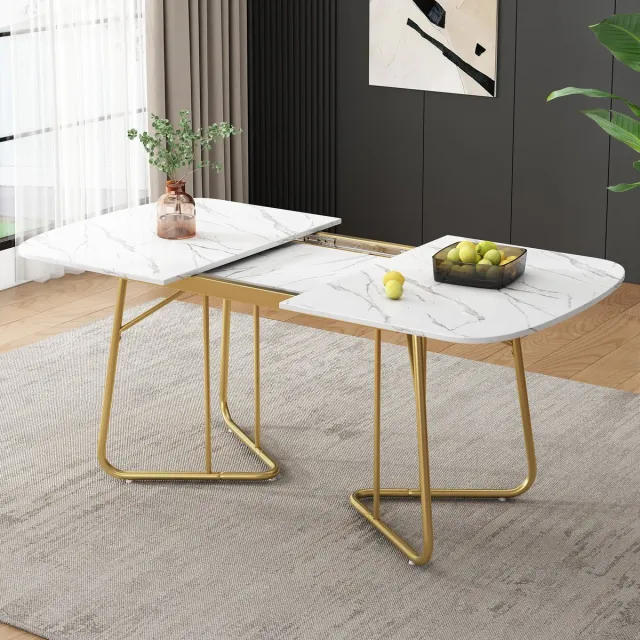 Zubaliya Uitschuifbare Eettafel Wit 140/180x80 cm - Marmerlook Tafel Met Gouden Poten - Moderne Luxe Eettafel Voor 4-6 Personen