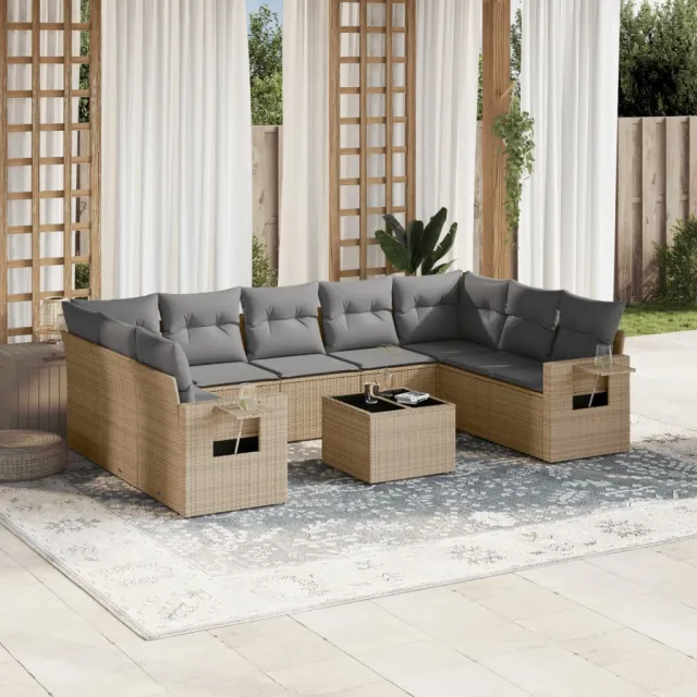 vidaXL 10-delige Loungeset met kussens poly rattan beige, foto 2
