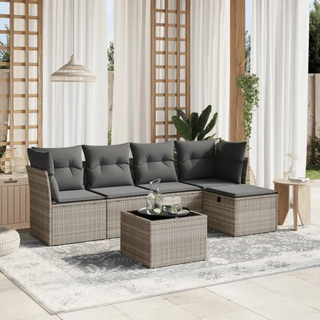 vidaXL 6-delige Loungeset met kussens poly rattan lichtgrijs grijs, foto 2