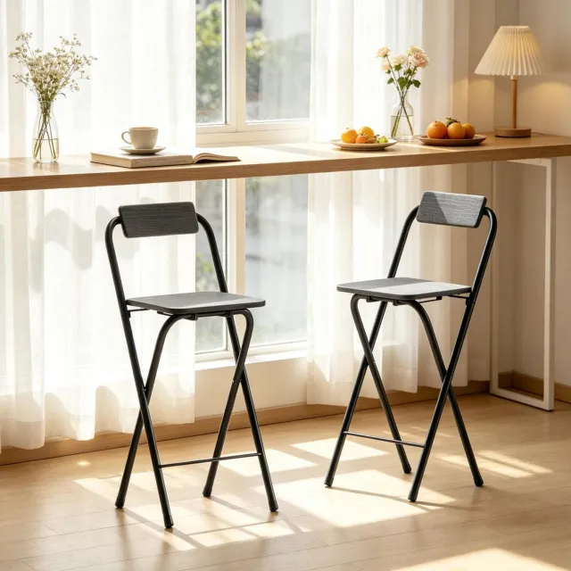 MODENUIT Barkruk - Set Van 2 Inklapbaar Met Rugleuning - Voor Bartafels - MDF En Staal - 37x45x87 Cm - Zwart