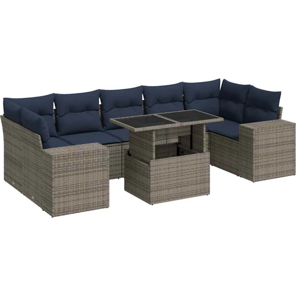 vidaXL 8-delige Loungeset met kussens poly rattan acacia grijs, foto 3