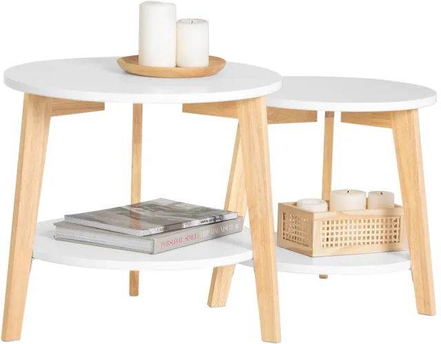 SoBuy Set van 2 Salontafels, Bijzettafels van MDF & Rubberhout, Ronde Tafelset voor Woonkamer, Wit, FBT75-W