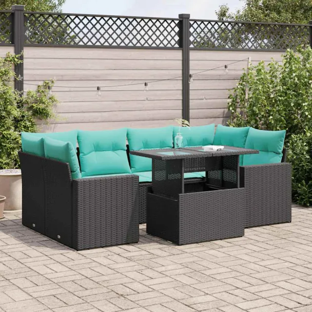 vidaXL 7-delige Loungeset met kussens poly rattan acacia zwart, foto 2
