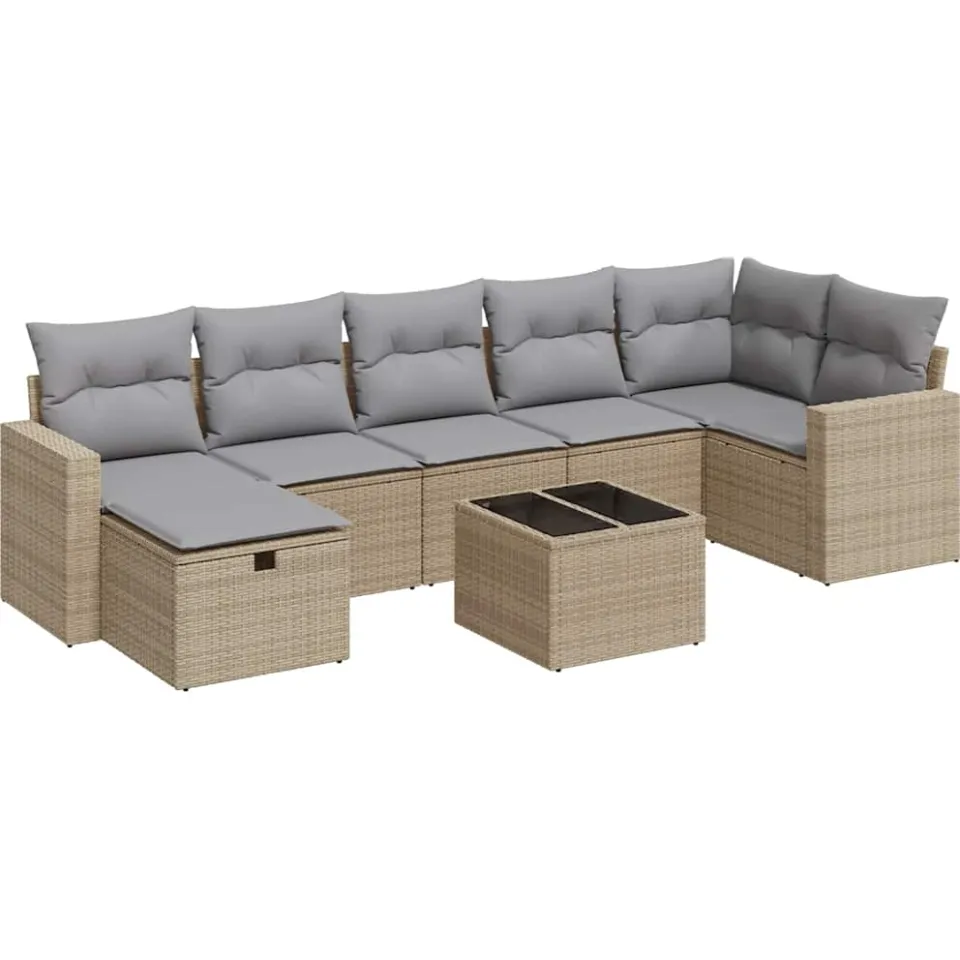 vidaXL 8-delige Loungeset met kussens poly rattan beige, foto 3