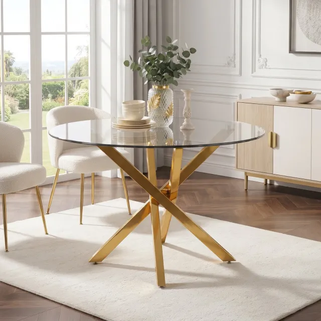 STILVORA Ronde Eettafel - Glazen Blad Met Gouden Metalen X-Poten - Modern Design Voor Eetkamer En Woonkamer - 80 x 80 x 75 Cm Gold+Glass