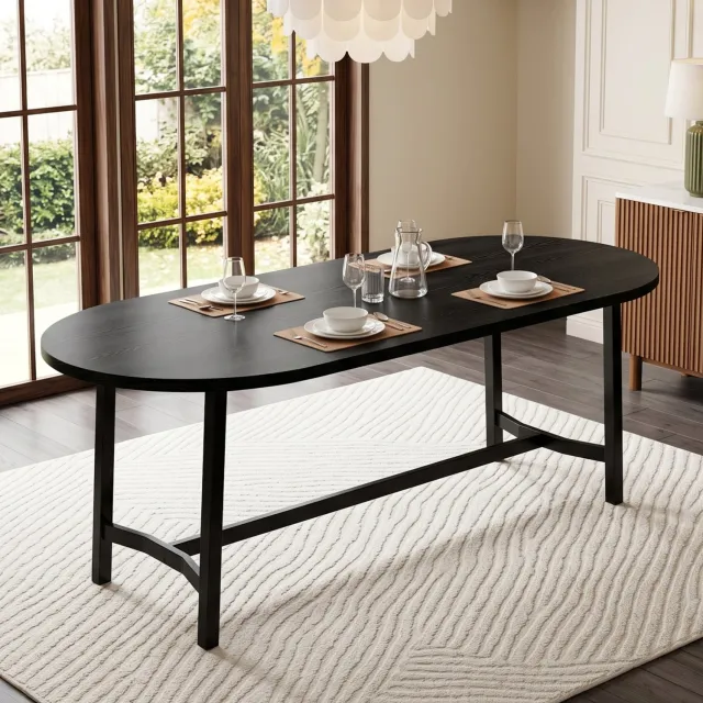 Maisentiel Ovale eettafel 180 x 80 x 75 cm - afgeronde hoeken, MDF en ijzeren poten, zwart