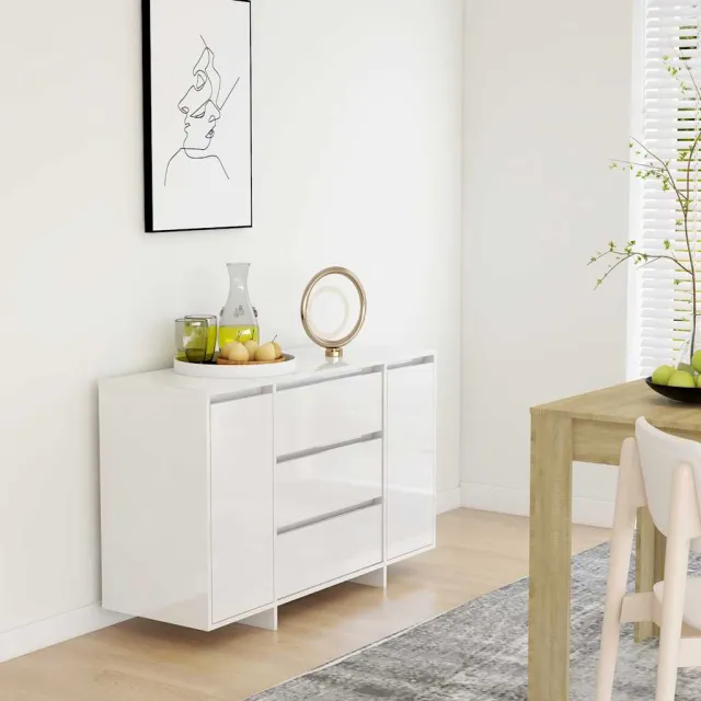 vidaXL Dressoir met 3 lades 120x41x75 cm bewerkt hout hoogglans wit, foto 2