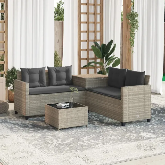 vidaXL Tuinbank met tafel en kussens L-vormig poly rattan lichtgrijs grijs, foto 2