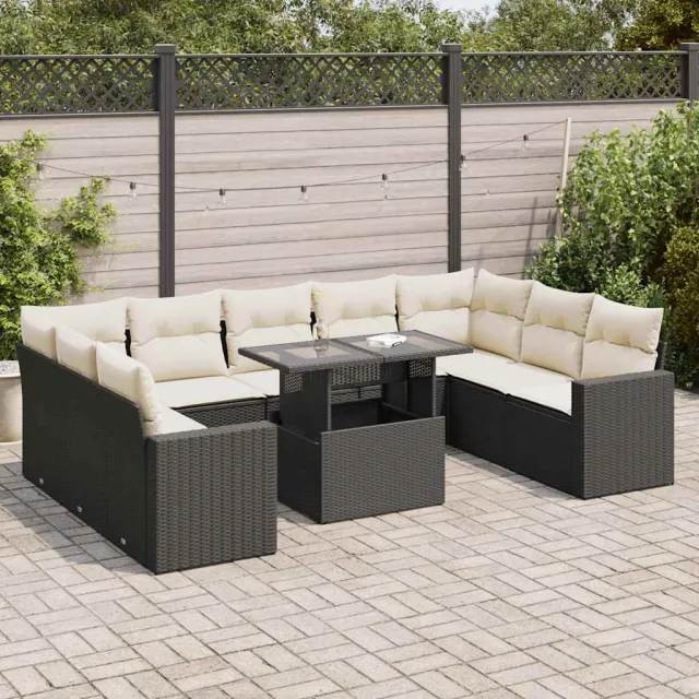 vidaXL 10-delige Loungeset met kussens poly rattan zwart, foto 2
