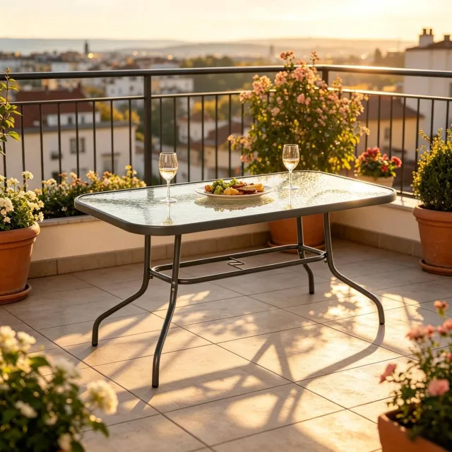 MODENUIT Tuintafel 120 x 80 x 70 Cm - Parasolgat - Voor 8 Personen - Tuin - Metaal En Gehard Glas Grijs