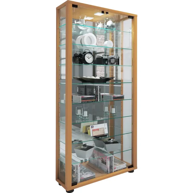 Vcm Houten vitrinekast Verzamelvitrine Staande vitrinekast Lumo Maxi spiegel Beuken