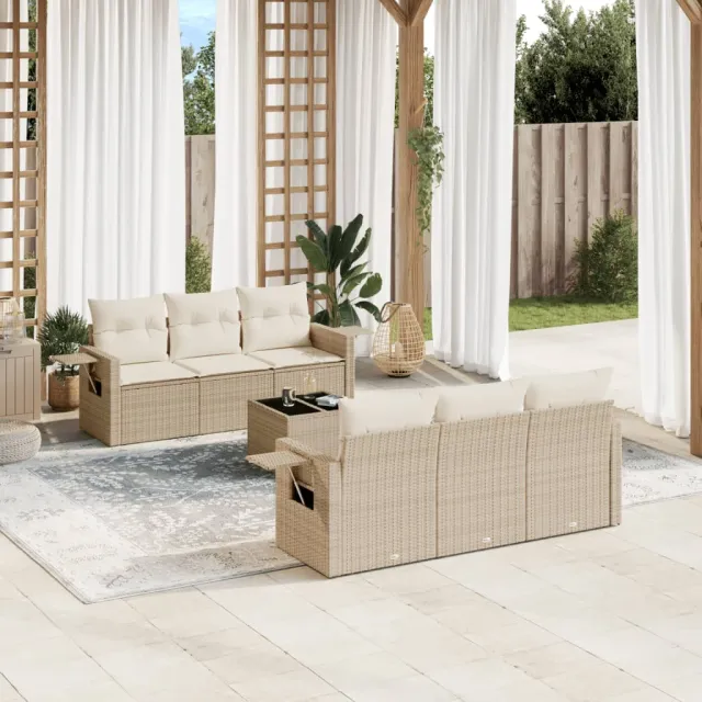 vidaXL 7-delige Loungeset met kussens poly rattan beige, foto 2