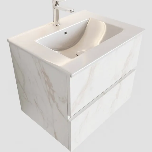 Boss & Wessing Badkamermeubel BWS Madrid Carrara Mat 60 cm Keramische Wastafel (1 kraangat, 2 lades)