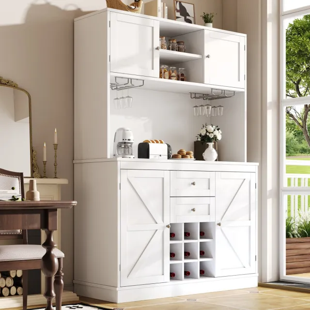 MEUNIQ Keukenkast 120 x 40 x 188 cm met 4 deuren, 2 lades, verstelbare planken, open werkblad en wijnrek, buffetkast voor keuken of woonkamer, wit