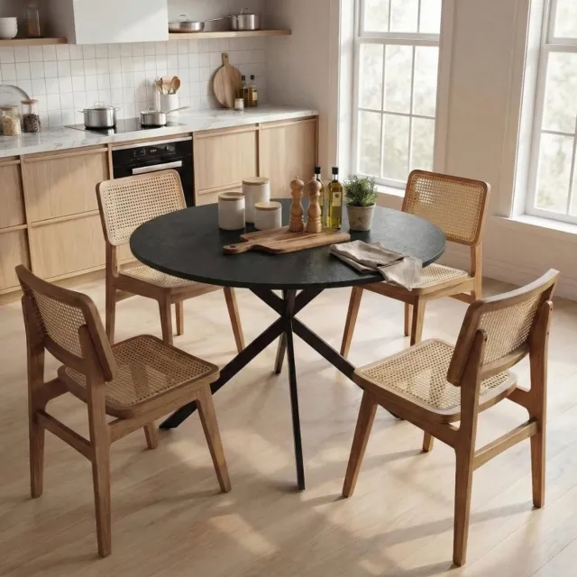 MEUNIQ ronde eettafel 100 cm voor 4 personen met zwarte stalen X-poten en houtlook tafelblad, industriële keukentafel voor eetkamer, keuken of thuiskantoor
